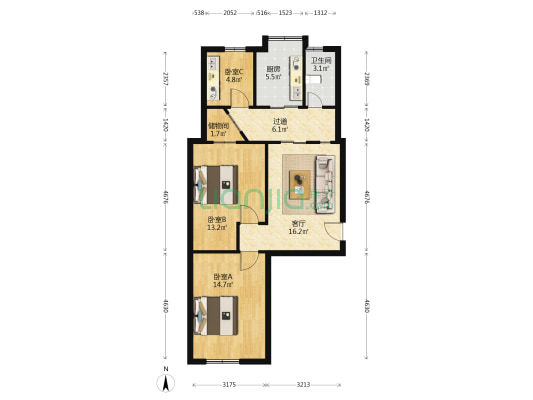 新时代小区 3室1厅1卫 78平方