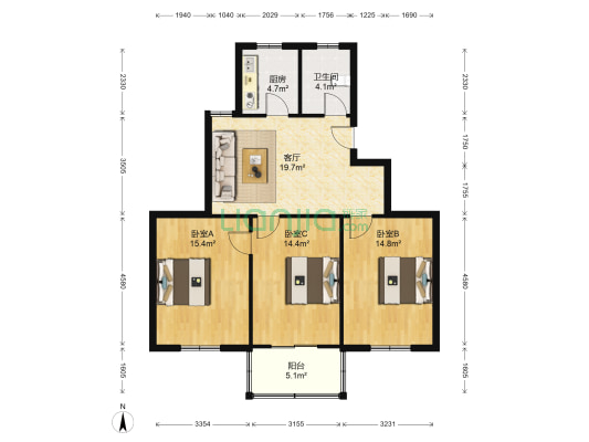 长江路521号 3室1厅1卫 95平方