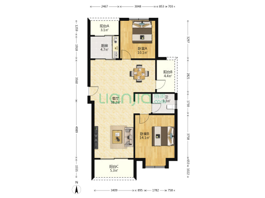海亮江湾城 2室1厅1卫 107平方