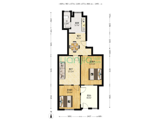 望月湖小区八片区 2室2厅1卫 58平方