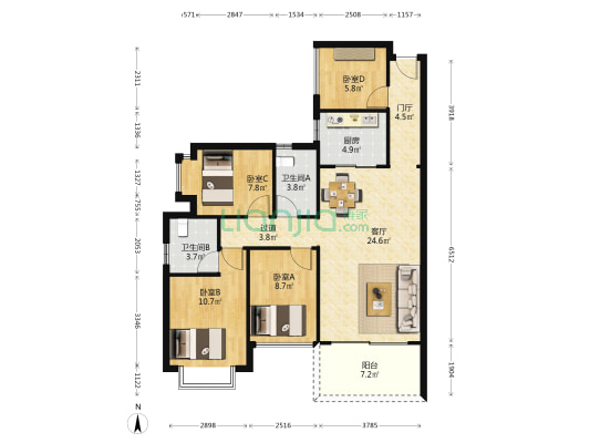 嘉利豪庭 4室1厅2卫 95平方