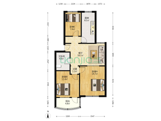 人民银行宿舍 3室1厅1卫 90平方
