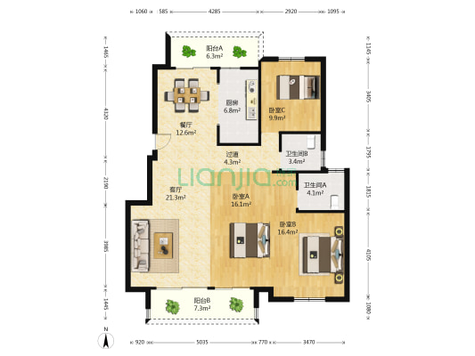 恒园 3室2厅2卫 129平方