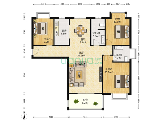 五湖·国际 3室2厅2卫 134平方