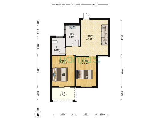 东邑阳光小区 2室1厅1卫 66平方