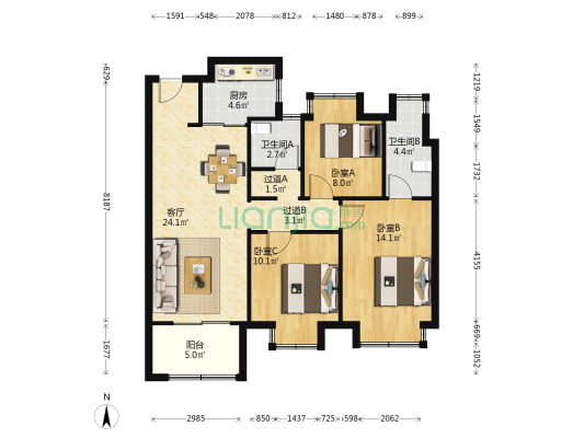 空港新都孔雀城月鹭府 3室1厅2卫 108平方