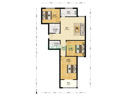 和畅花园 3室1厅2卫 126平方