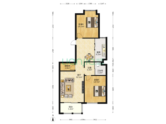淮海购物广场小区 2室1厅1卫 107平方