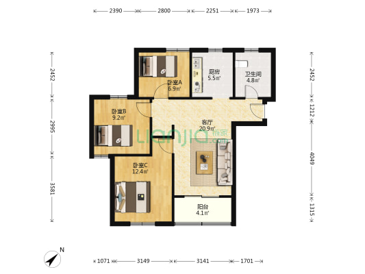 昱星家园西区 3室1厅1卫 88平方