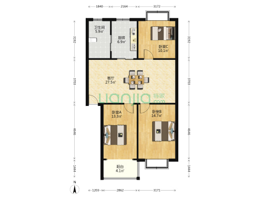 宝岛花园B 3室1厅1卫 102平方