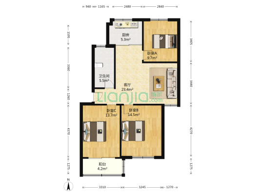 阳光花园 3室1厅1卫 95平方