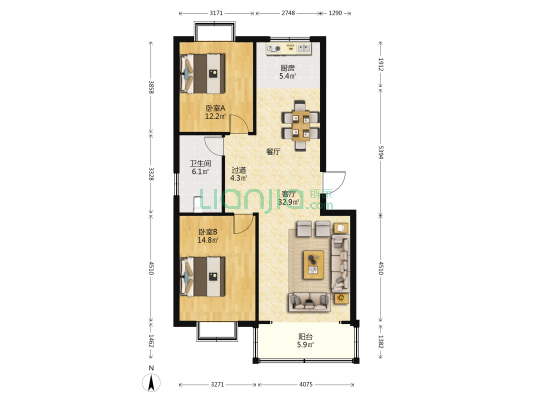 盈福广场西区 2室1厅1卫 99平方