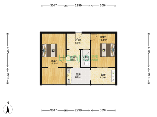 进修学校宿舍 2室1厅1卫 55平方