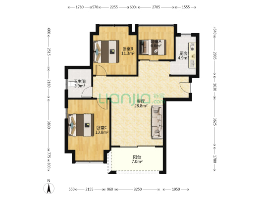 滨江帝景四期 3室1厅1卫 91平方
