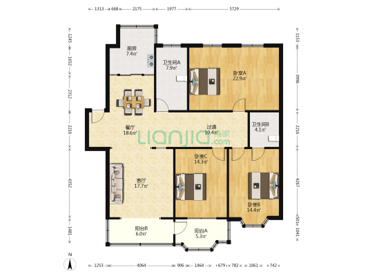 华中园 3室2厅2卫 146平方