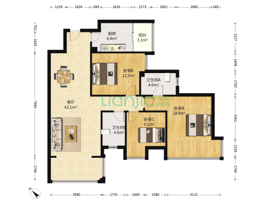 保利狮子湖檀香郡 3室1厅2卫 103平方