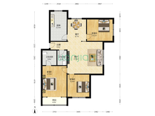 福苑小区西区 3室2厅2卫 129平方