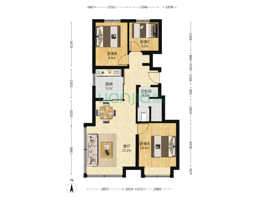 招商中建顺义臻珑府 3室1厅1卫 85平方