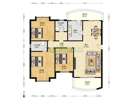 海莉园 3室1厅2卫 132平方