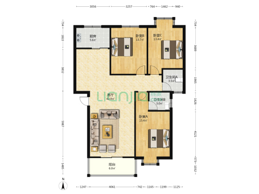 创和家园 3室1厅2卫 120平方