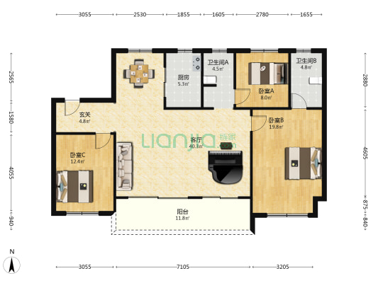 雅居乐远洋公园里 3室1厅2卫 130平方