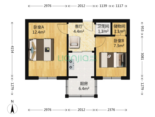纺织局宿舍 2室1厅1卫 45平方