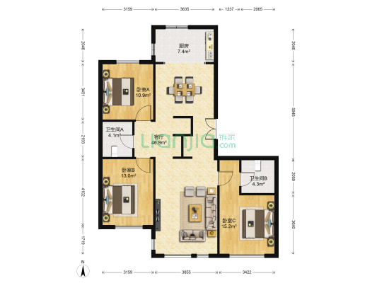 万顺空港融和广场雅仕阁公寓 3室1厅2卫 150平方