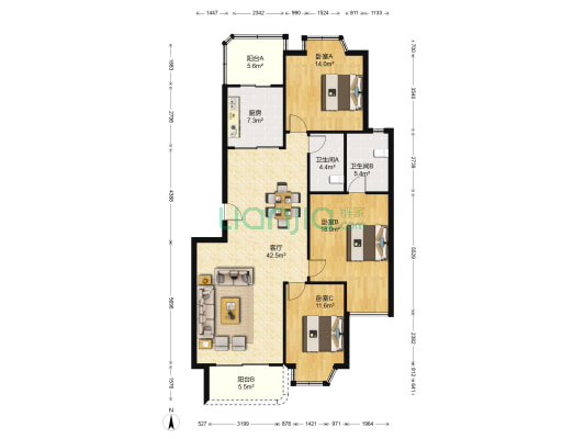 湖畔花园春晓苑 3室1厅2卫 129平方