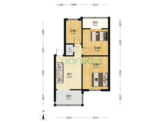 水泥厂宿舍 3室1厅1卫 53平方