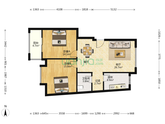 普罗旺世地中海 2室1厅1卫 91平方