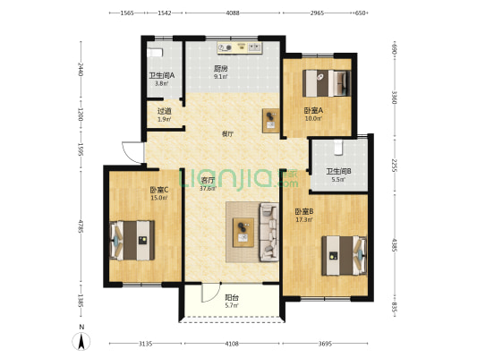 尧王·塞纳蓝湾 3室1厅2卫 125平方