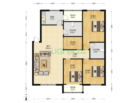 阳光东景 4室1厅2卫 141平方