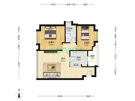 西部国际金融中心 2室1厅1卫 82平方