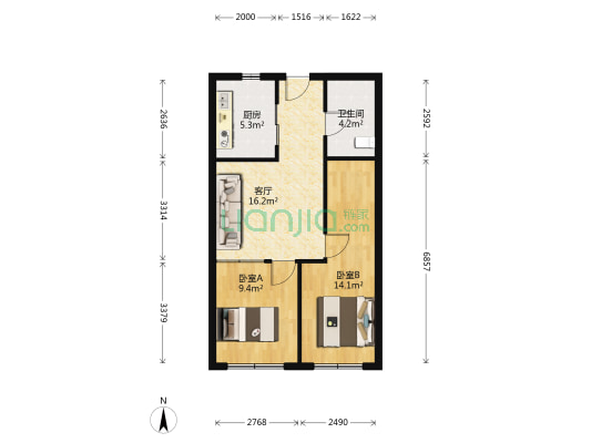 中央学府 2室1厅1卫 66平方