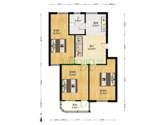 中央路52号 3室1厅1卫 92平方