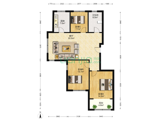 城市阳光花园 3室1厅1卫 109平方