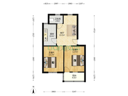 军转中心 2室1厅1卫 60平方