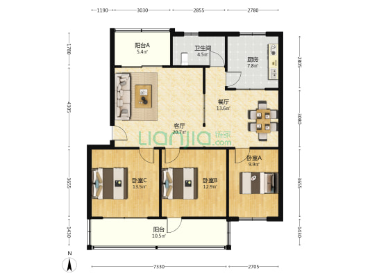 华丽小区 3室2厅1卫 120平方