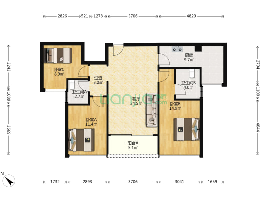 金地博登湖三期澜庭 3室1厅2卫 100平方