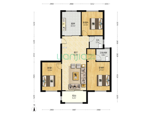 盛明花园 3室1厅2卫 122平方