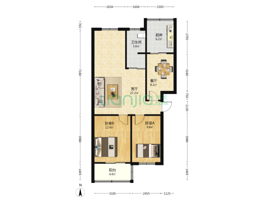 裕康小区 2室2厅1卫 90平方