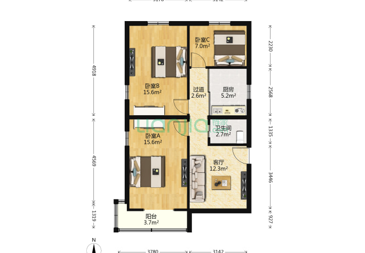 3室1厅1卫85.73㎡-北京苹果园小区二区户型图