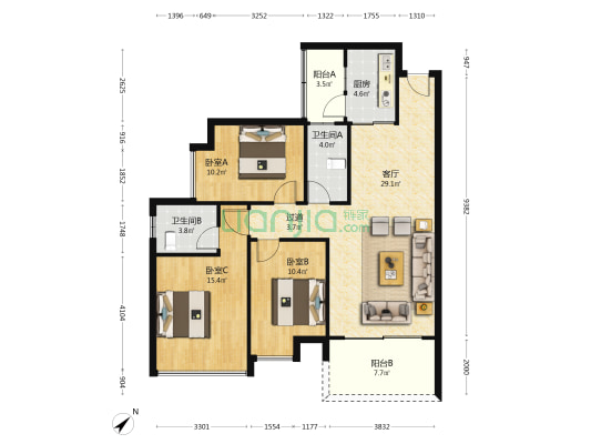 天和家园 3室1厅2卫 114平方