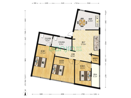 解放南路1078号（农贸市场住宅） 3室1厅2卫 128平方