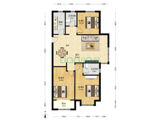 锦绣城三期睿园 3室1厅2卫 127平方