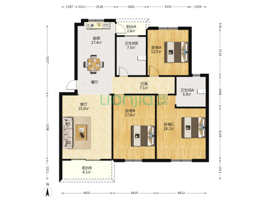 滨笕新村 3室1厅2卫 134平方