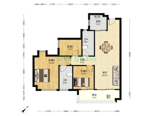 越秀龙湖天樾 3室1厅2卫 95平方