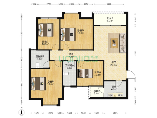 摆门 4室1厅2卫 132平方