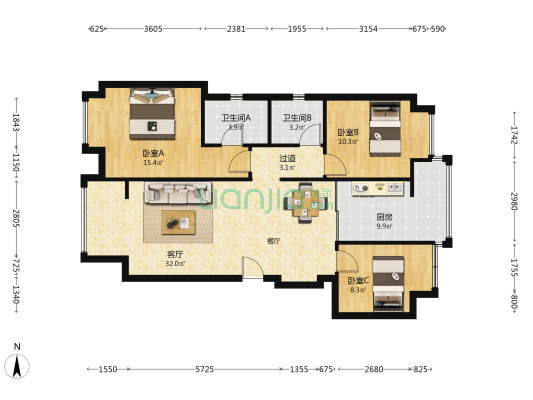 招商雍景府 3室1厅2卫 101平方