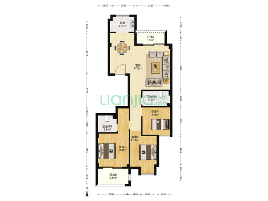 康欣嘉园 3室1厅2卫 133平方